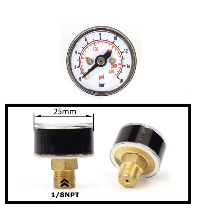 Mini air pressure gauge with 1/8 BSP/NPT, M10, and M8 threads – up to 6000PSI