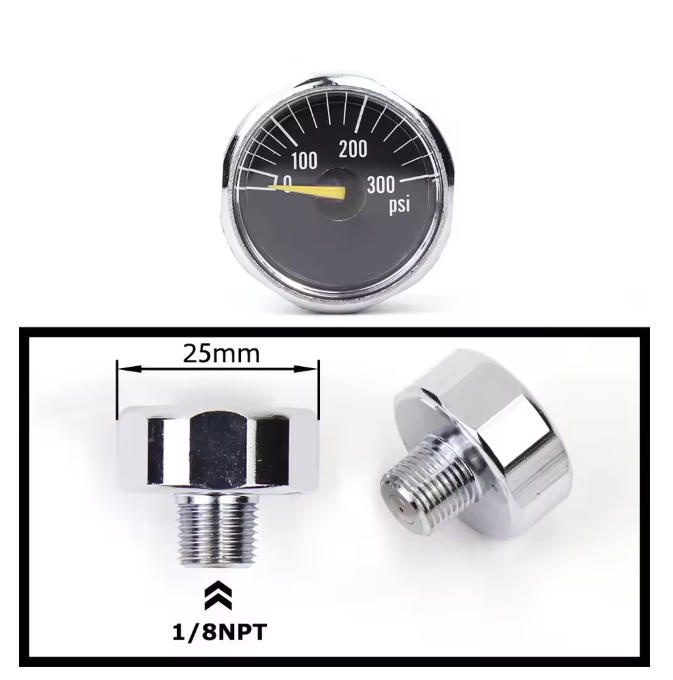Mini air pressure gauge with 1/8 BSP/NPT, M10, and M8 threads – up to 6000PSI
