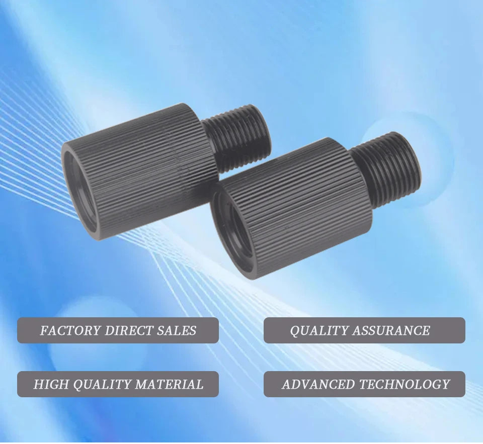 Two black threaded connectors on a blue background with text about factory direct sales, quality assurance, high quality material, and advanced technology.