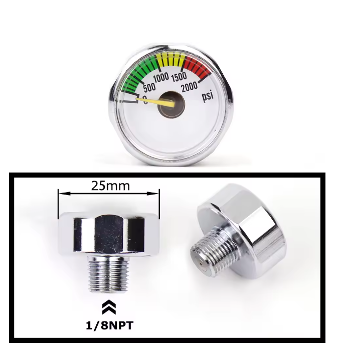 Mini air pressure gauge with 1/8 BSP/NPT, M10, and M8 threads – up to 6000PSI