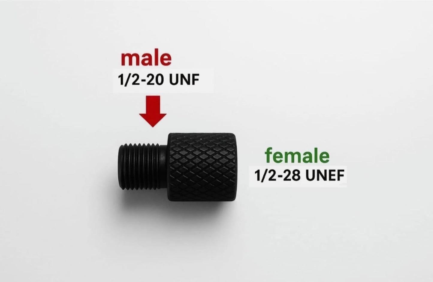 Black male and female thread adapter with size labels on a white background