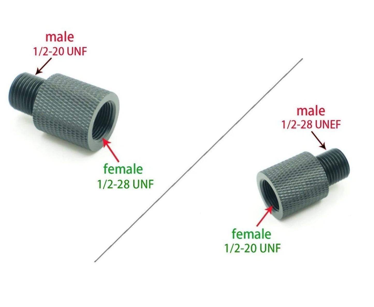 Two threaded metal connectors labeled with thread specifications on a white background
