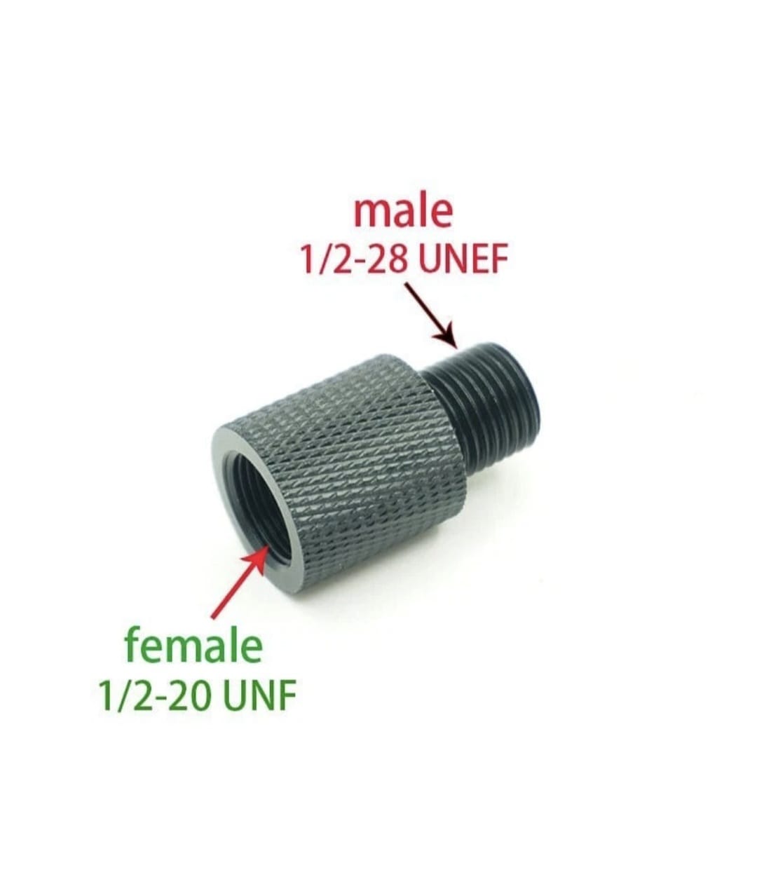 Threaded metal component with male and female thread designations on a white background