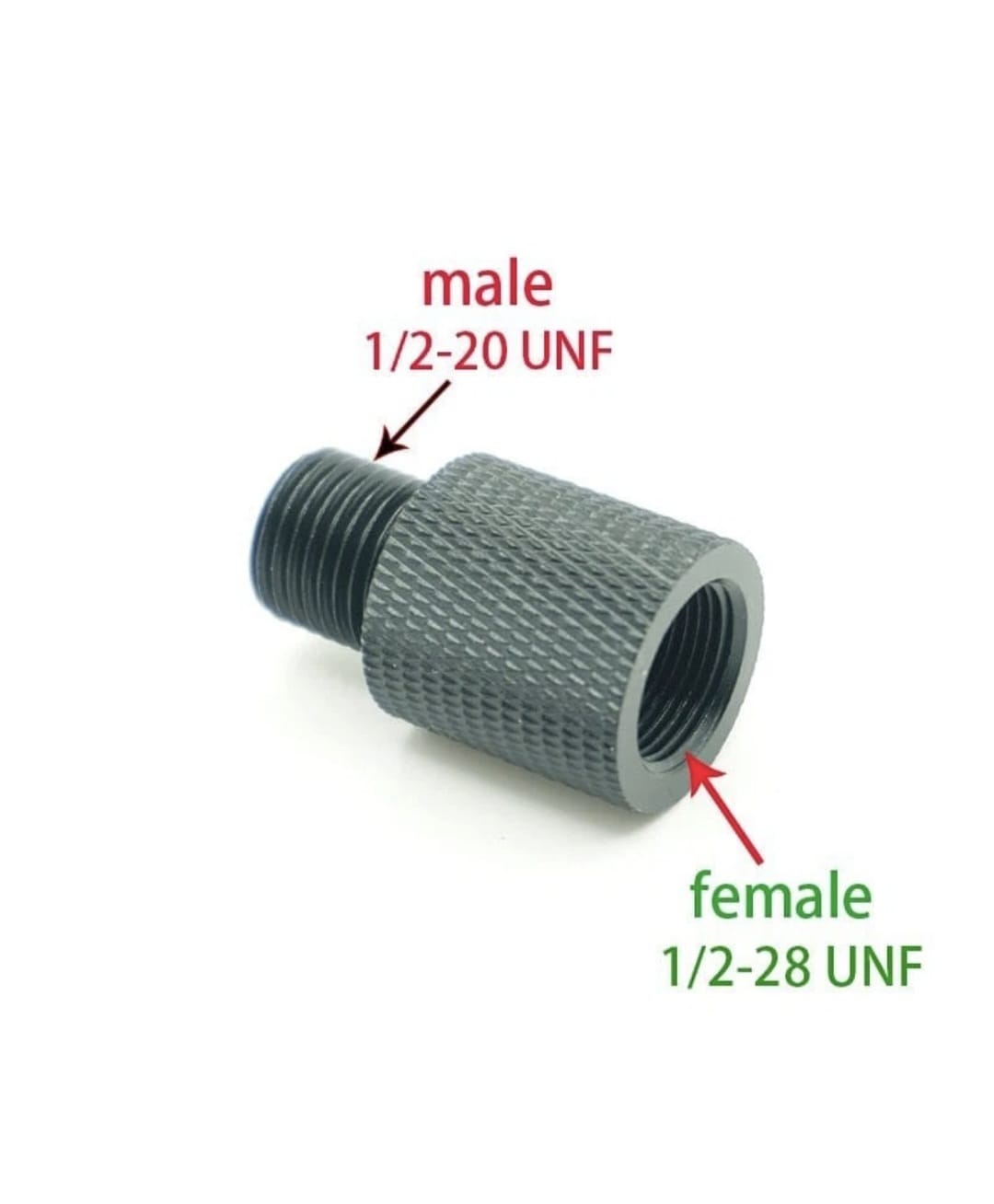 Threaded metal adapter with male and female thread designations on a white background