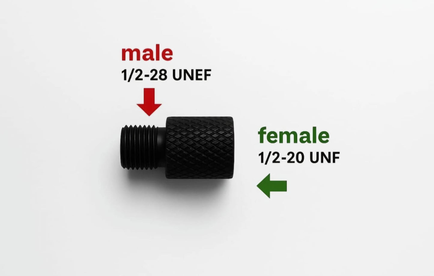 Black male and female threaded connectors with labeled thread sizes on a white background