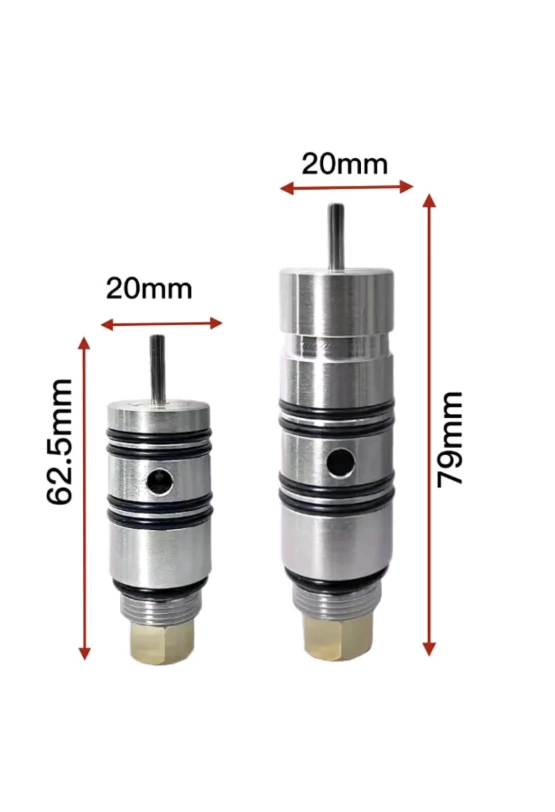 Two metal cylindrical components with dimensions labeled on a white background