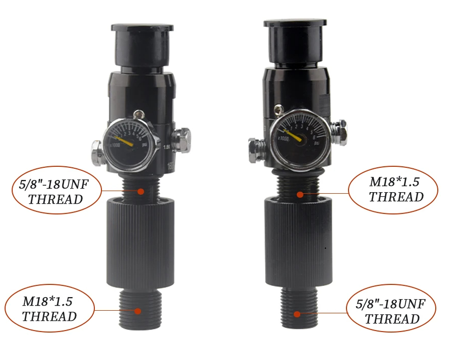 Two black pressure regulators with thread specifications on a white background