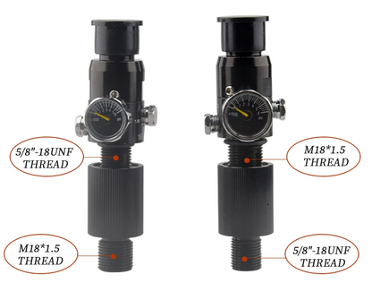 Two black pressure regulators with thread specifications on a white background