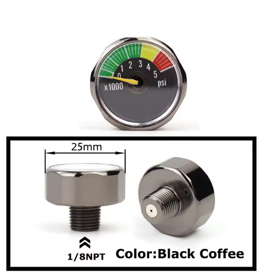 Mini air pressure gauge with 1/8 BSP/NPT, M10, and M8 threads – up to 6000PSI
