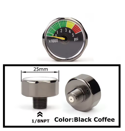 Mini air pressure gauge with 1/8 BSP/NPT, M10, and M8 threads – up to 6000PSI
