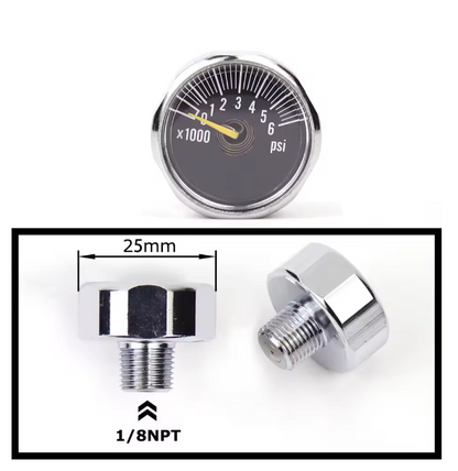 Mini air pressure gauge with 1/8 BSP/NPT, M10, and M8 threads – up to 6000PSI

