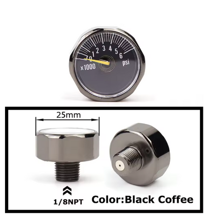 Mini air pressure gauge with 1/8 BSP/NPT, M10, and M8 threads – up to 6000PSI
