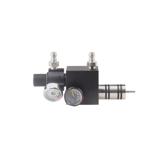 Mechanical pressure regulator with gauge on a white background