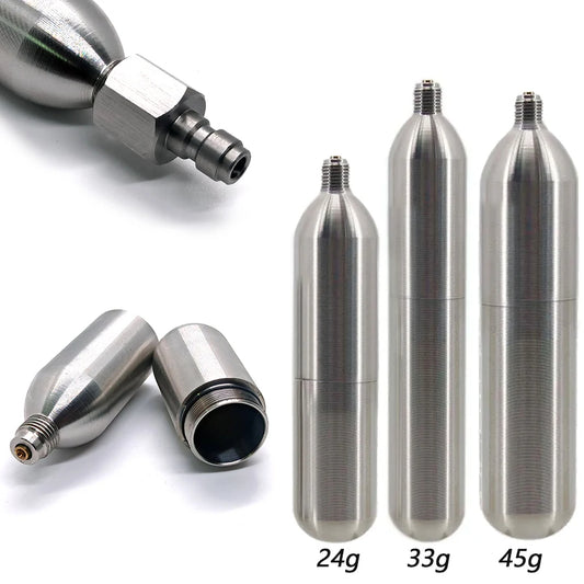 Stainless Steel CO2 Refillable Cartridges – 24g / 33g / 45g – 3/8-24UNF Thread

