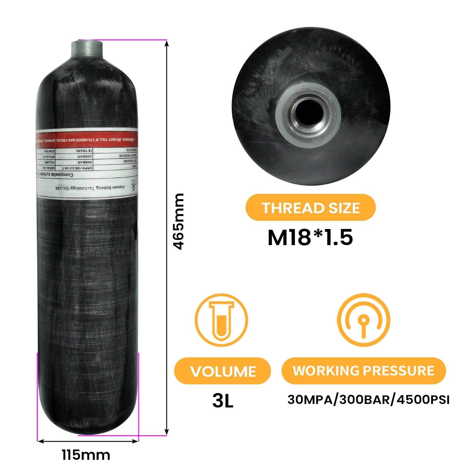 TUXING 3L Carbon Fiber Air Tank – 300BAR / 4500PSI – M18*1.5 Thread

