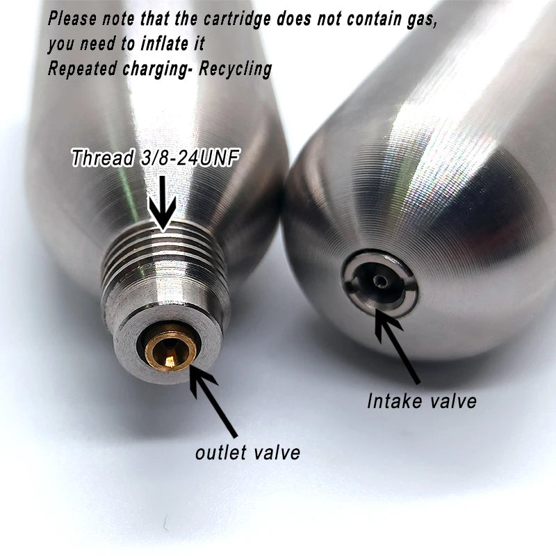 Stainless Steel CO2 Refillable Cartridges – 24g / 33g / 45g – 3/8-24UNF Thread

