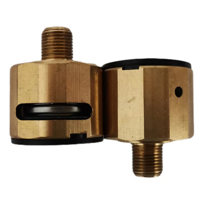 Brass plumbing fitting with black rubber washers on a white background