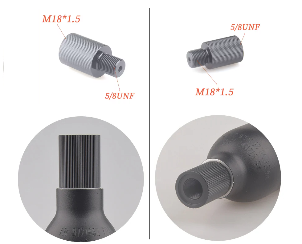 Technical illustration of threaded metal components with specifications labeled.