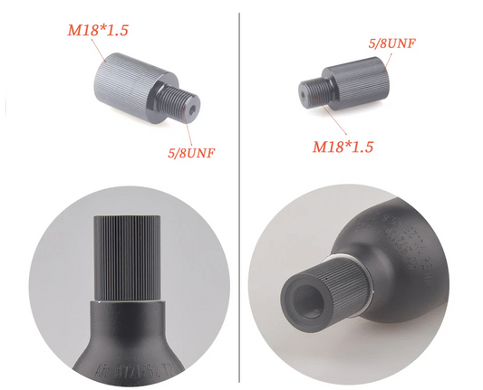 Technical illustration of threaded metal components with specifications labeled.