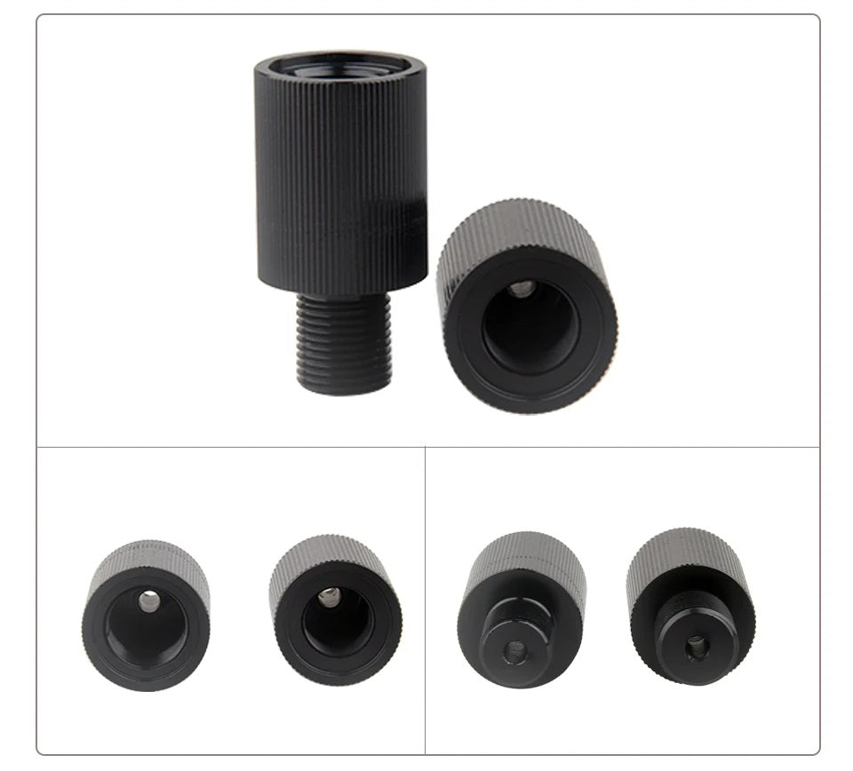 Set of black and gray threaded metal connectors on a white background