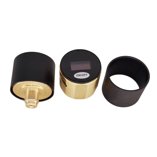 Three black and gold components on a white background