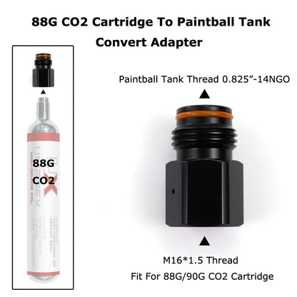 Adapter for 88G CO2 cartridge to paintball tank – M16*1.5 to G1/2-14

