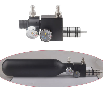 Pressure regulator with gauge and small black tank on a white background