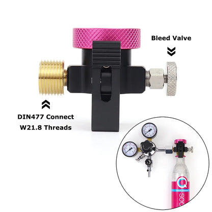 CO2 Refill Head – DIN477 W21.8 Thread – Bleed Valve – Pink Cap
