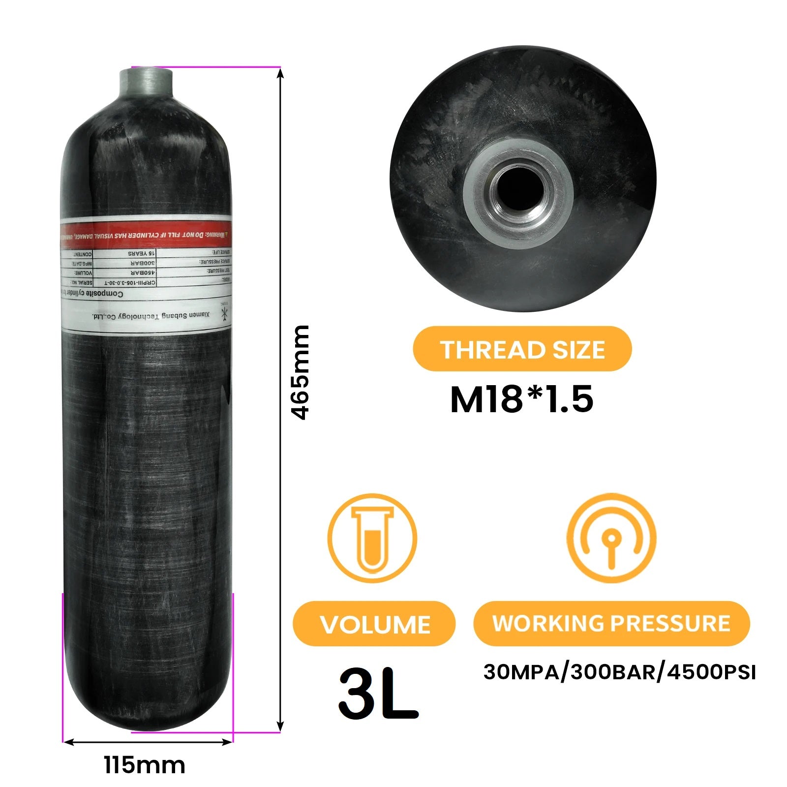 TUXING 3L Carbon Fiber Air Tank – 300BAR / 4500PSI – M18*1.5 Thread

