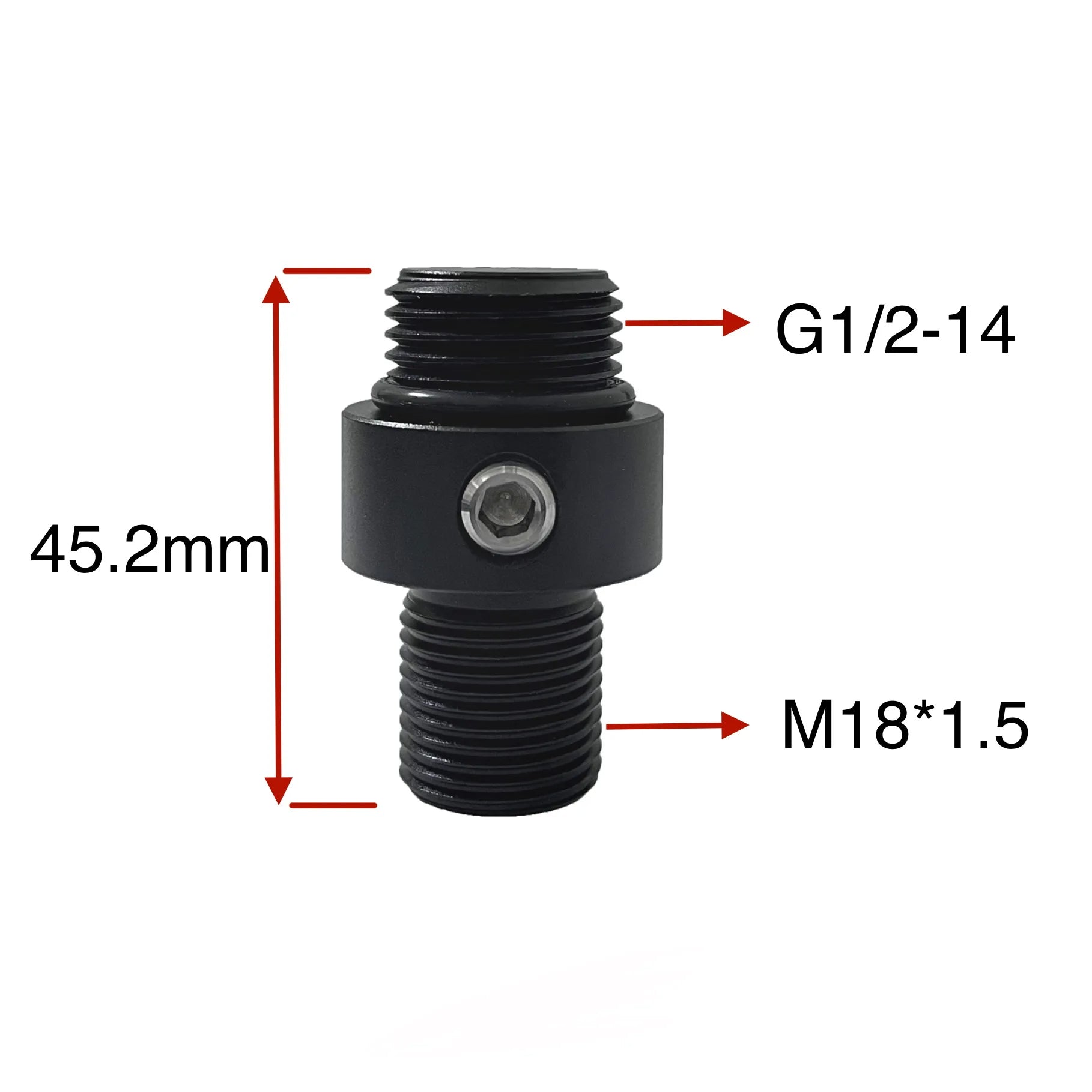 Black threaded metal fitting with measurements on a white background