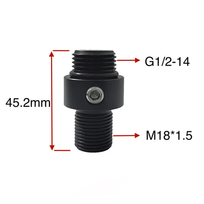 Black threaded metal fitting with measurements on a white background