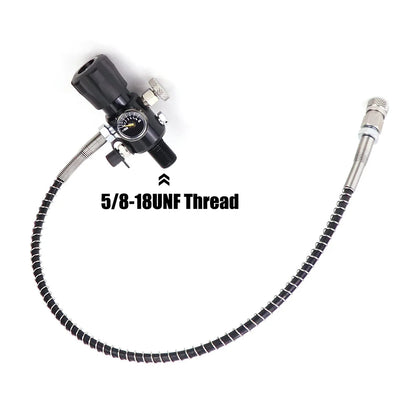 Pneumatic tool with flexible hose and 5/8-18UNF thread marking on a white background