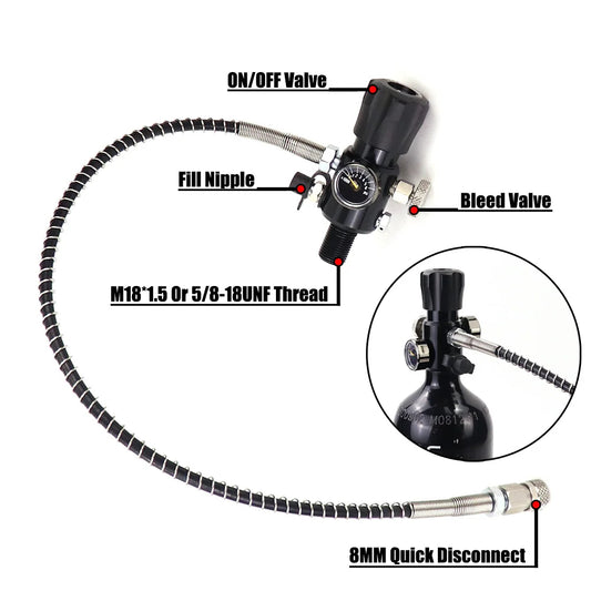 Air compressor gauge with labeled parts on a white background