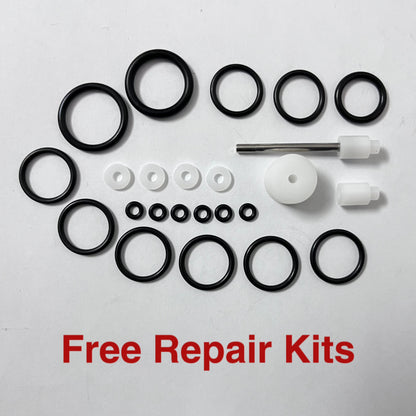 Collection of black and white repair parts on a white background with 'Free Repair Kits' text.