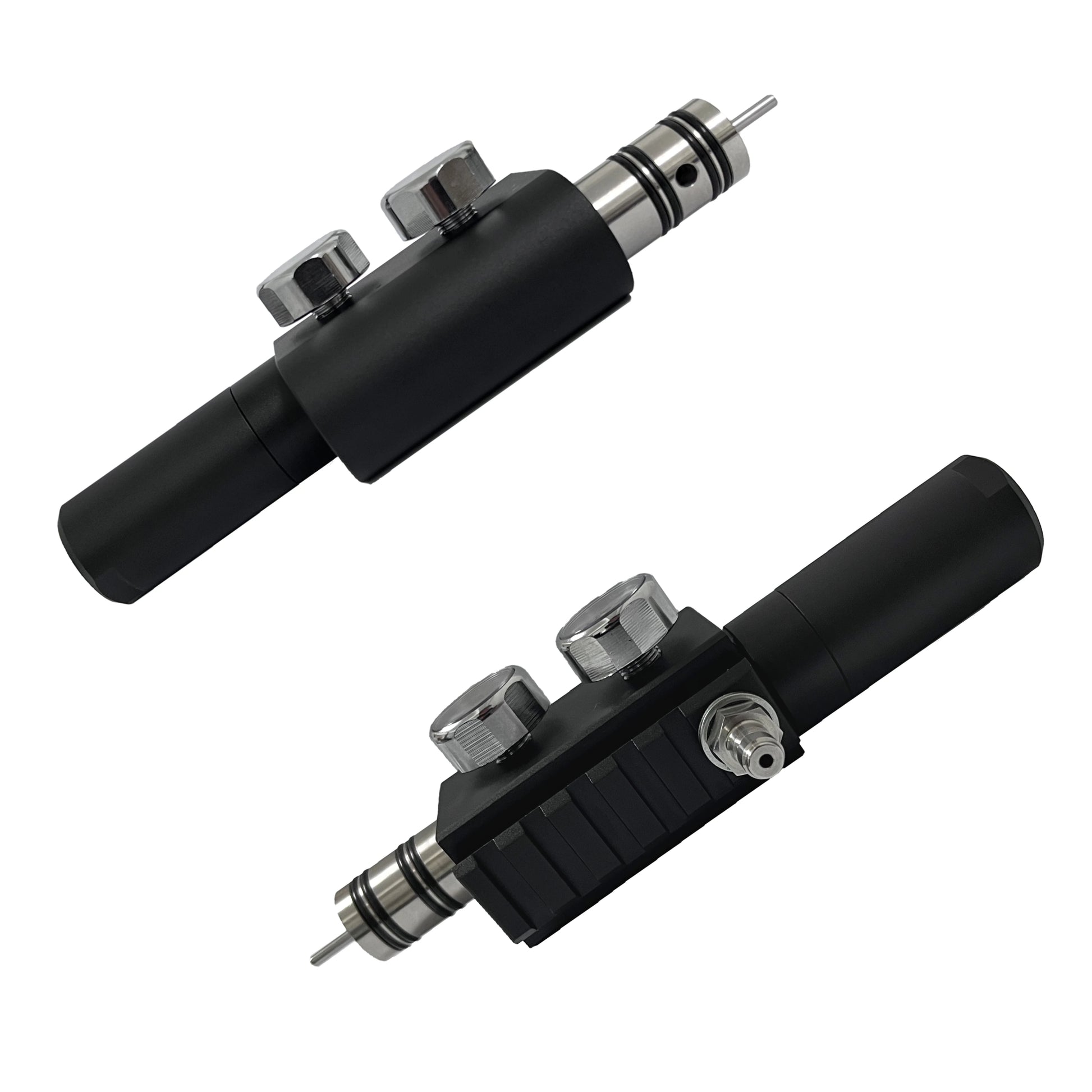 Two black tattoo machines on a white background