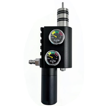 Black device with two circular gauges on a white background
