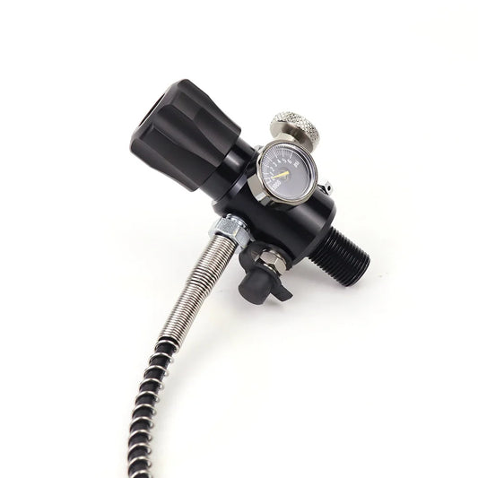 Black gas regulator with flexible hose on a white background