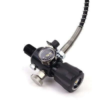 Black and silver diving regulator with hose on a white background