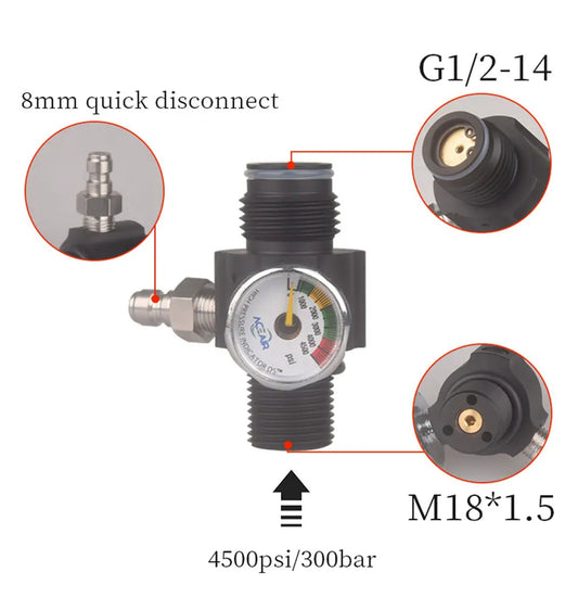 4500PSI HPA Adjustable Regulator Valve with M18*1.5 to G1/2-14 Thread for CO2 & Aquarium


