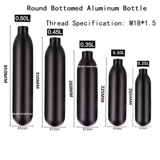 Round Bottom Aluminum CO2 Tank – M18x1.5 Thread – 4500 PSI – 0.25L to 0.5L