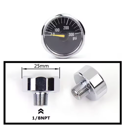 Mini air pressure gauge with 1/8 BSP/NPT, M10, and M8 threads – up to 6000PSI
