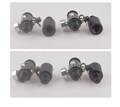 Two sets of black and silver valve stems on a white background