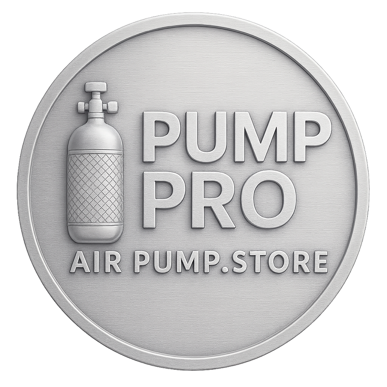 Circular logo with 'Pump Pro' and an air pump icon on a white background