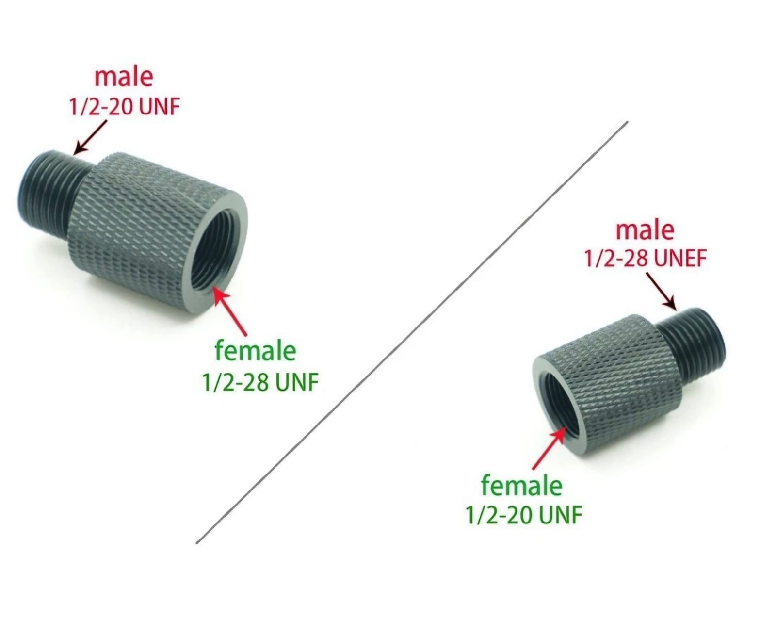Two threaded metal connectors labeled with thread specifications on a white background